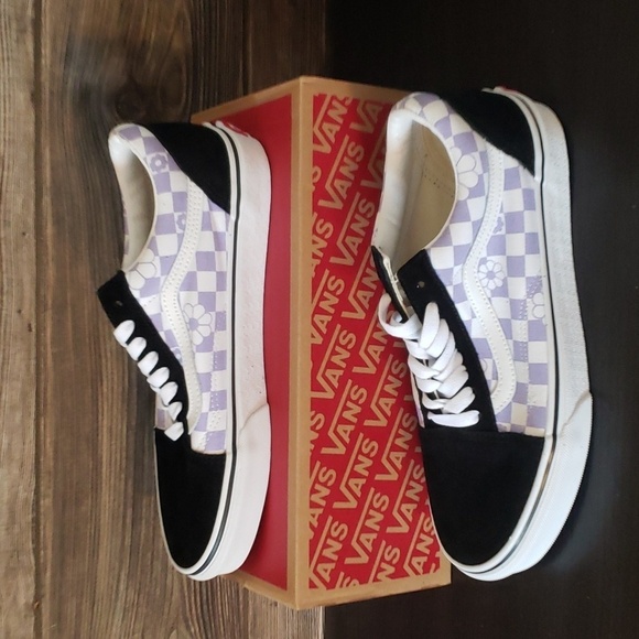 New Vans Old Skool Floral Check Lavender Purple White Black Sneakers - Picture 3 of 10